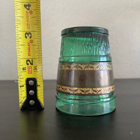 RARE! Vintage MCM Emerald Green Leather Banded Tumbler Glasses Set of 6 - Picture 12 of 14